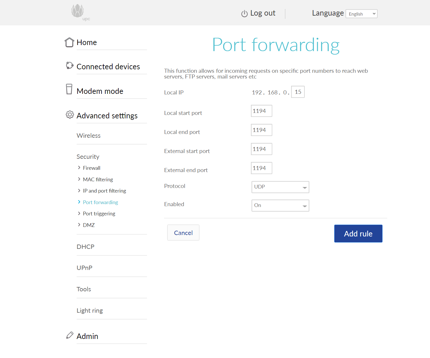 Port Forwarding on UPC Router
